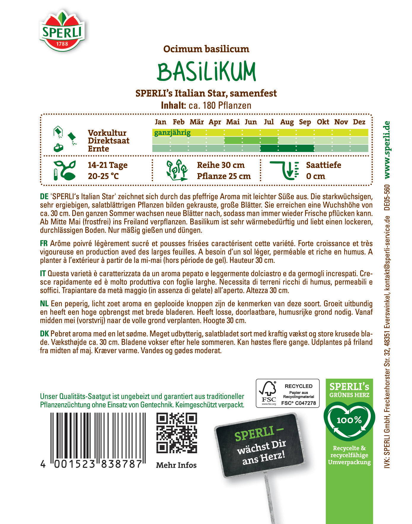 Boden mit grünen Blättern, Textinformationen und QR-Code, Logo und Bar-code an der unteren Seite.