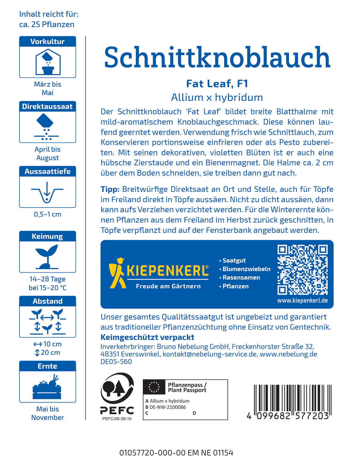 Paketbeschreibung mit Text und Logos, icons, QR-Code, Barcodes, Kontaktinformationen, sowie Symbole für Pflanzenpflege.