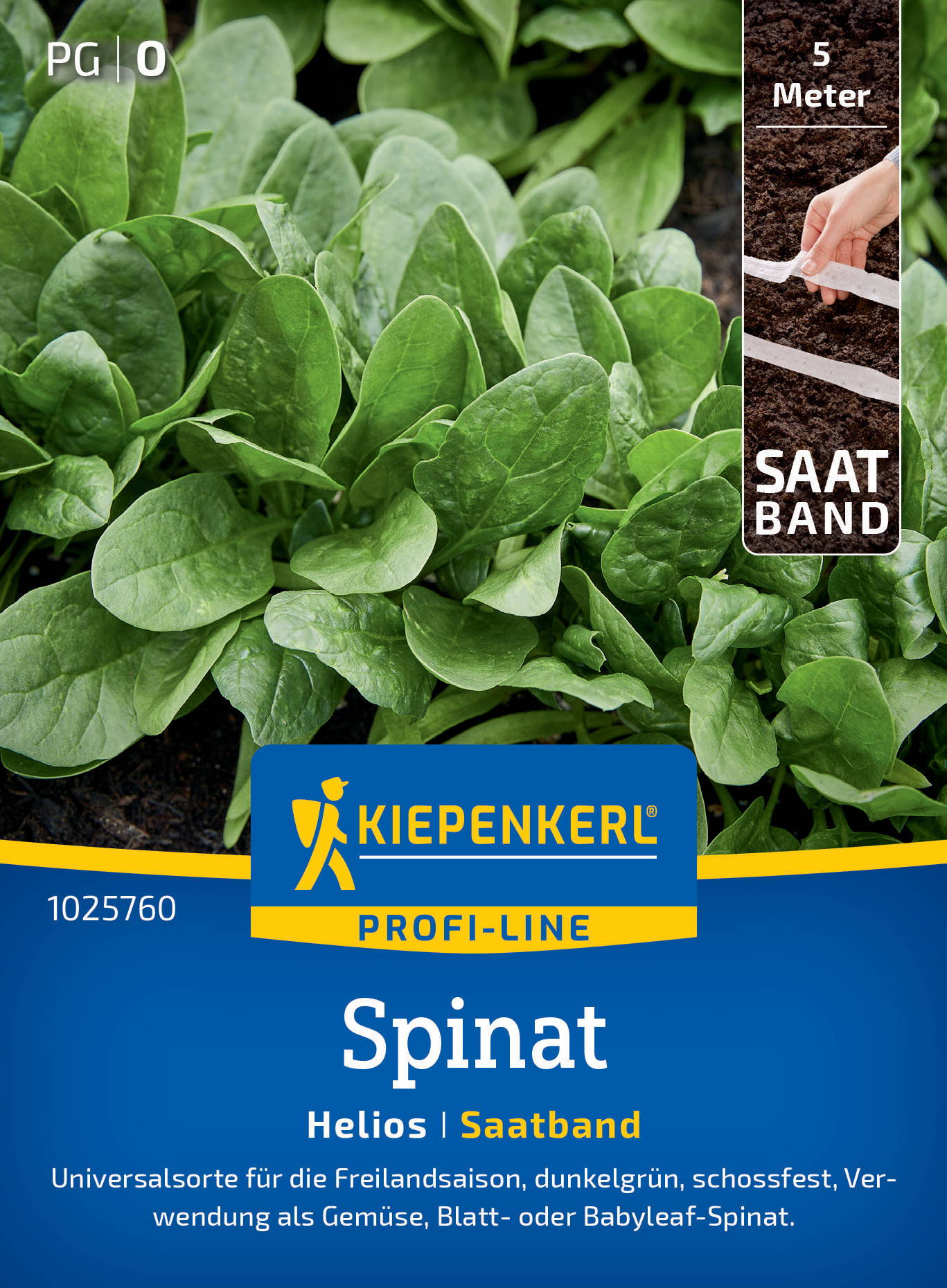 Grüner Spinat mit großen Blättern und boden, Verpackung mit Kiepenkerl Logo, Text und Maßangabe, Hand beim Einlegen von Samen.