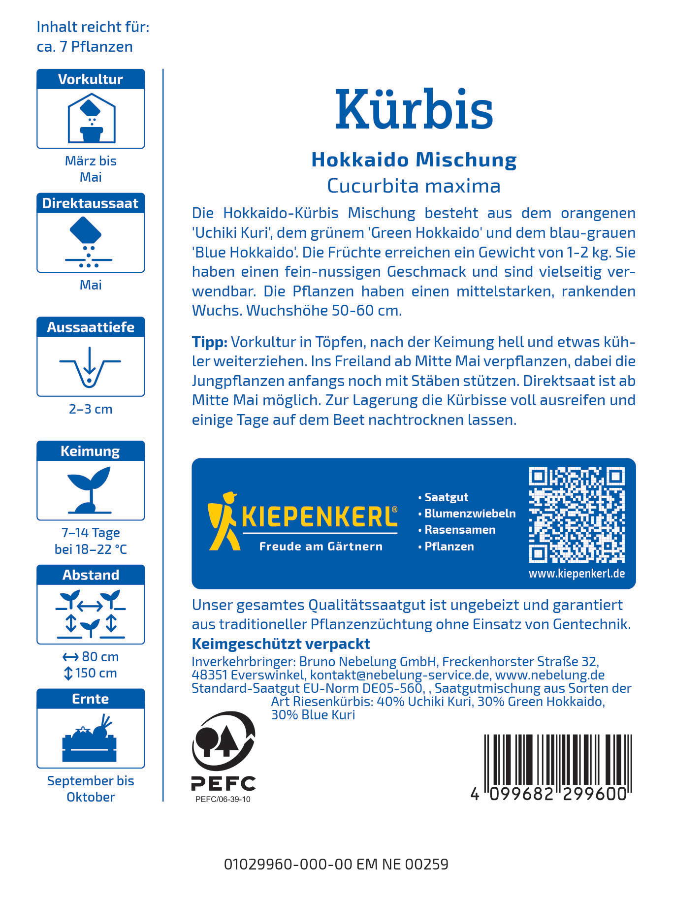 Anleitung, QR-Code, Logo, Textinformationen, Icons für Aussaat, Keimdauer, Abstand, Erntezeit, und Barcodes.