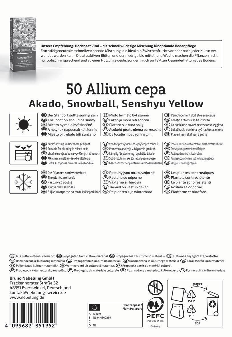 Beschreibung des Saatguts: Allium cepa Akado, Snowball, Senshyu Yellow