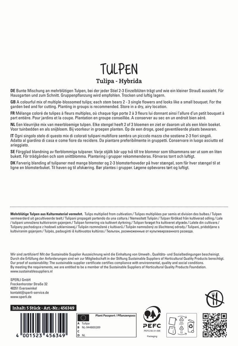 Verschiedene Sprachen mit Informationen zu Tulpen, Anbau, Lagerung und Zertifizierung stehen auf dem Etikett.