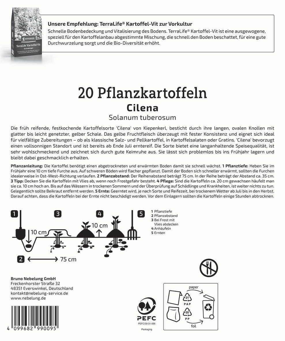 Anleitungstext mit Diagrammen und Piktogrammen für den Anbau von Pflanzkartoffeln.