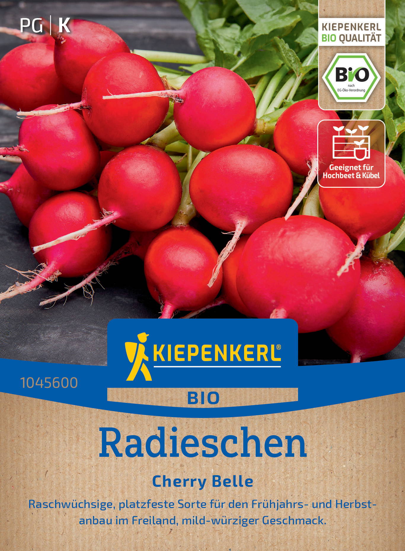 Rote Radieschen mit grünen Blättern auf dunklem Hintergrund, Etikett mit Bio-Logo und Anbauhinweisen.