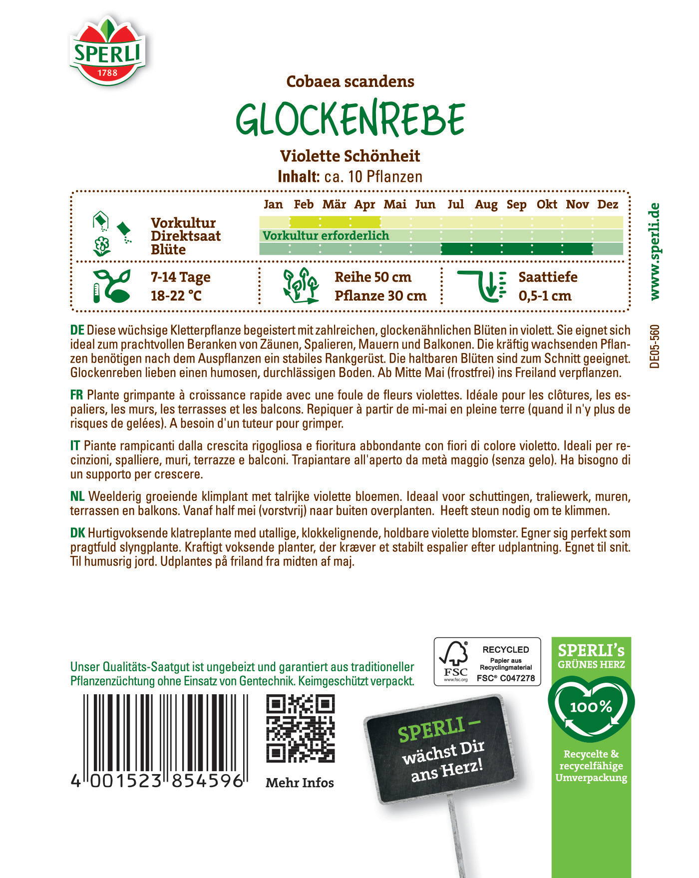 Ilustration einer Glockenrebe Pflanze mit grünem Logo und Beschreibung auf Packungsrückseite.