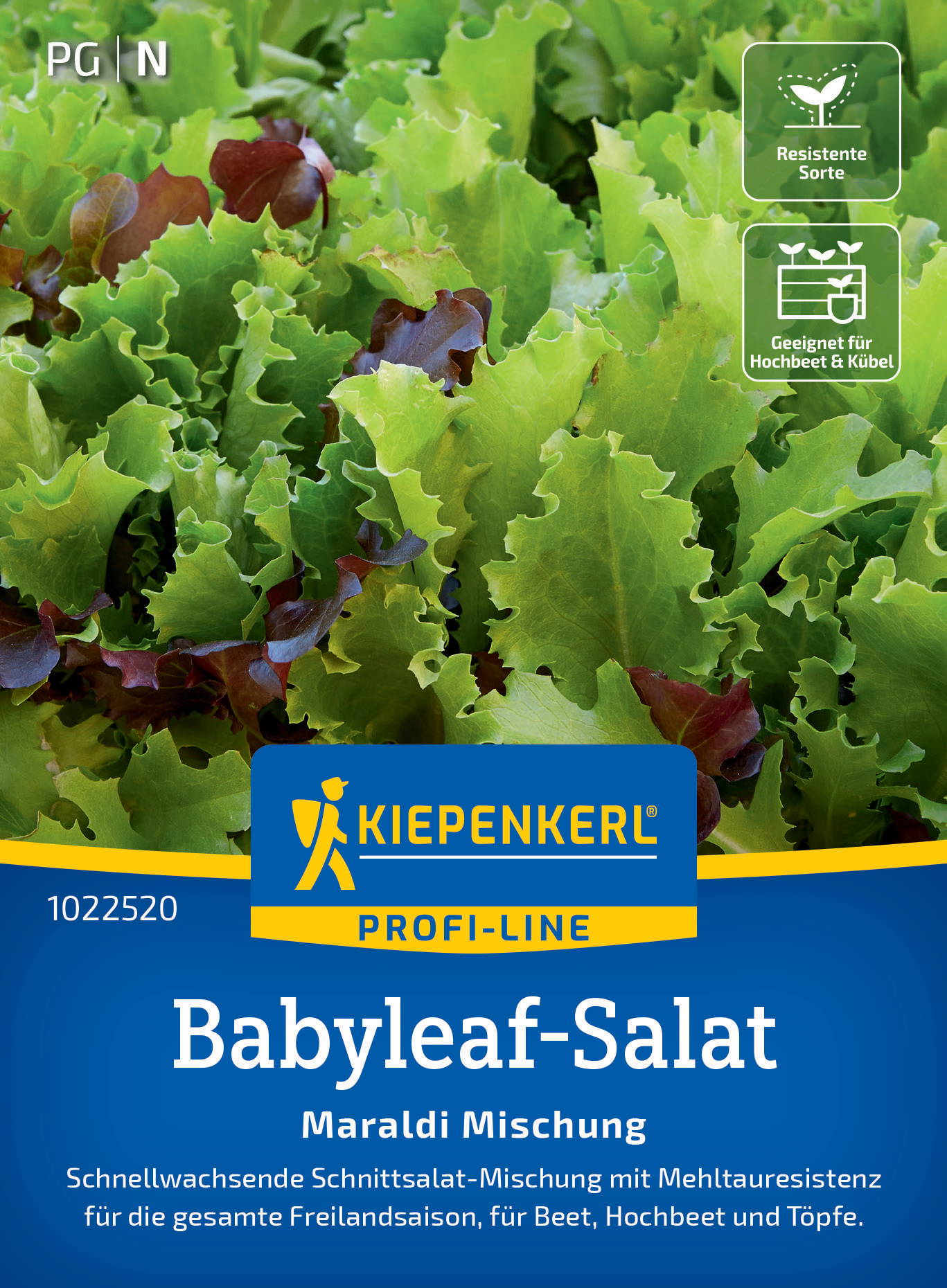 Grüner und roter Babyleaf-Salat auf der Verpackung mit Kiepenkerl-Profi-Line-Label.