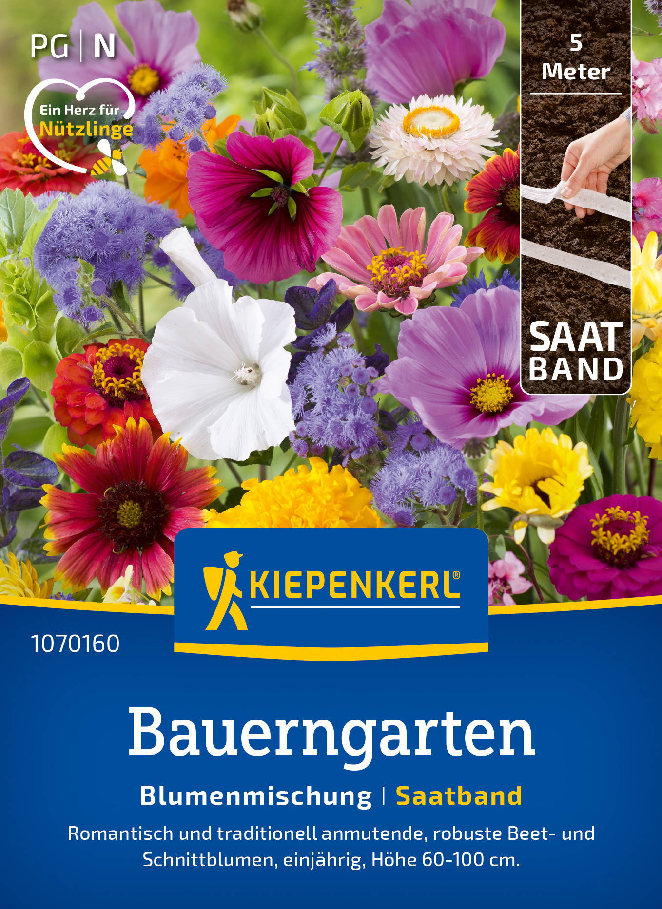 Bunt blühende Gartenblumen in verschiedenen Farben auf Verpackung mit dem Schriftzug Kiepenkerl Bauerngarten Saatband