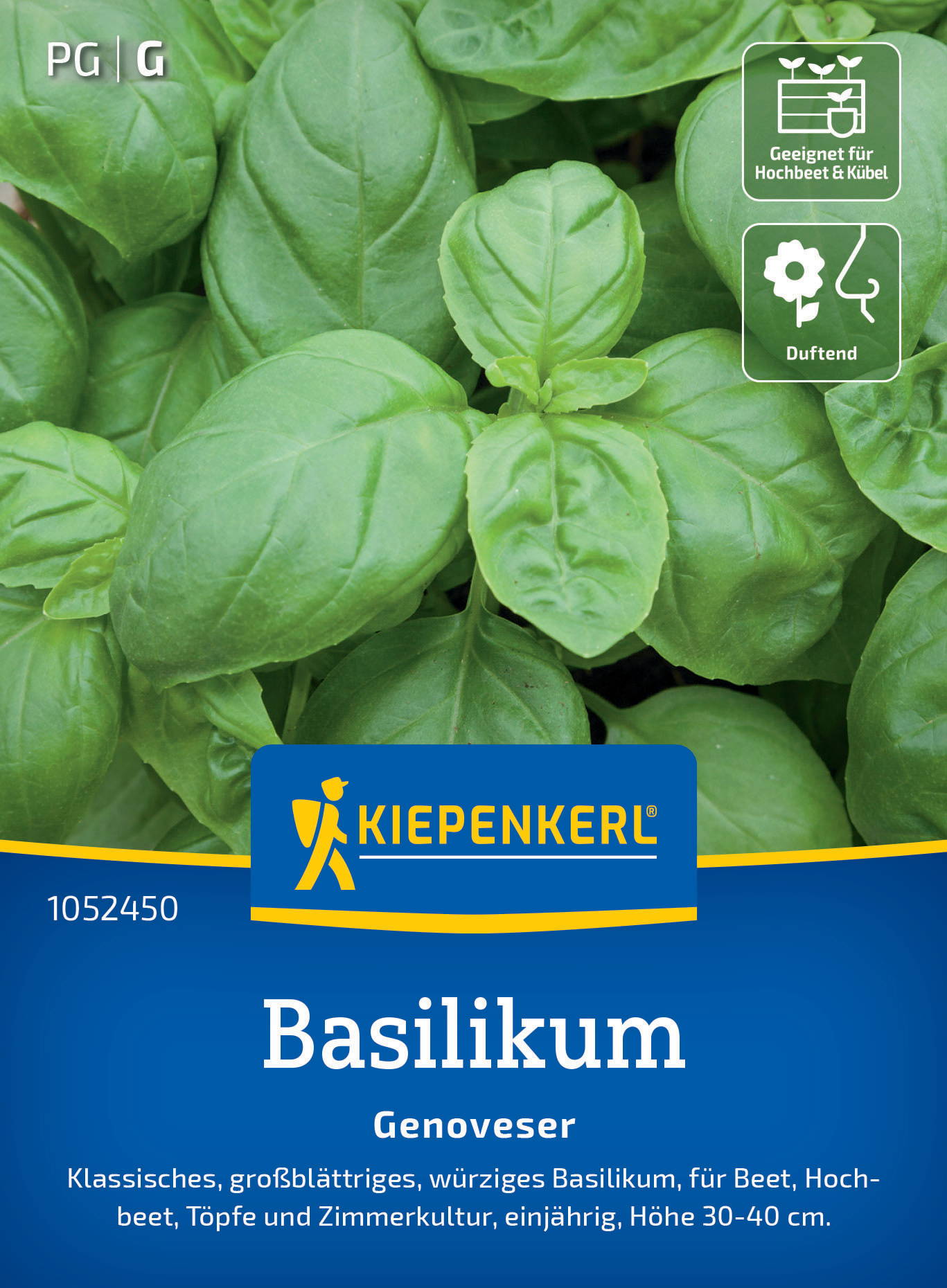 Grüne Basilikumblätter, Verpackung mit Kiepenkerl-Logo, Symbole für Hochbeet geeignet und duftend.