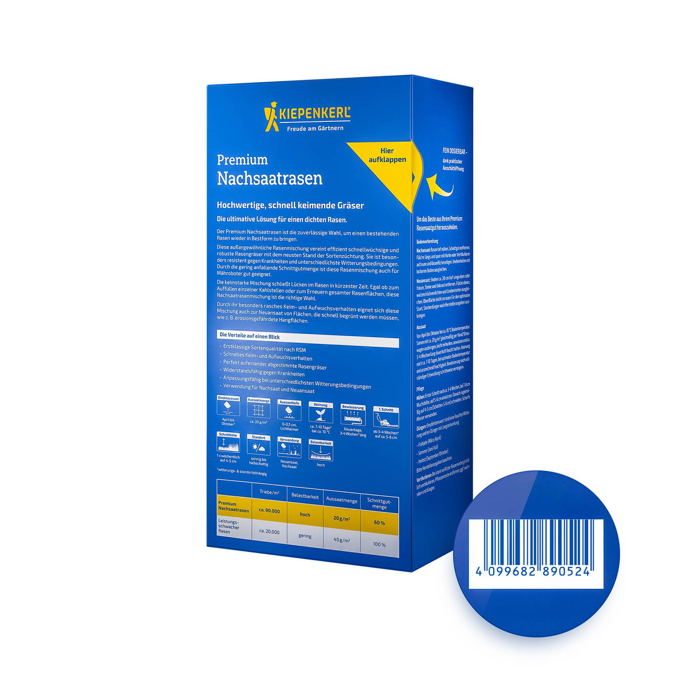 Blaue Verpackung mit gelbem Kiepenkerl-Logo, weißem Text und einem Barcode auf einem weißen Hintergrund.