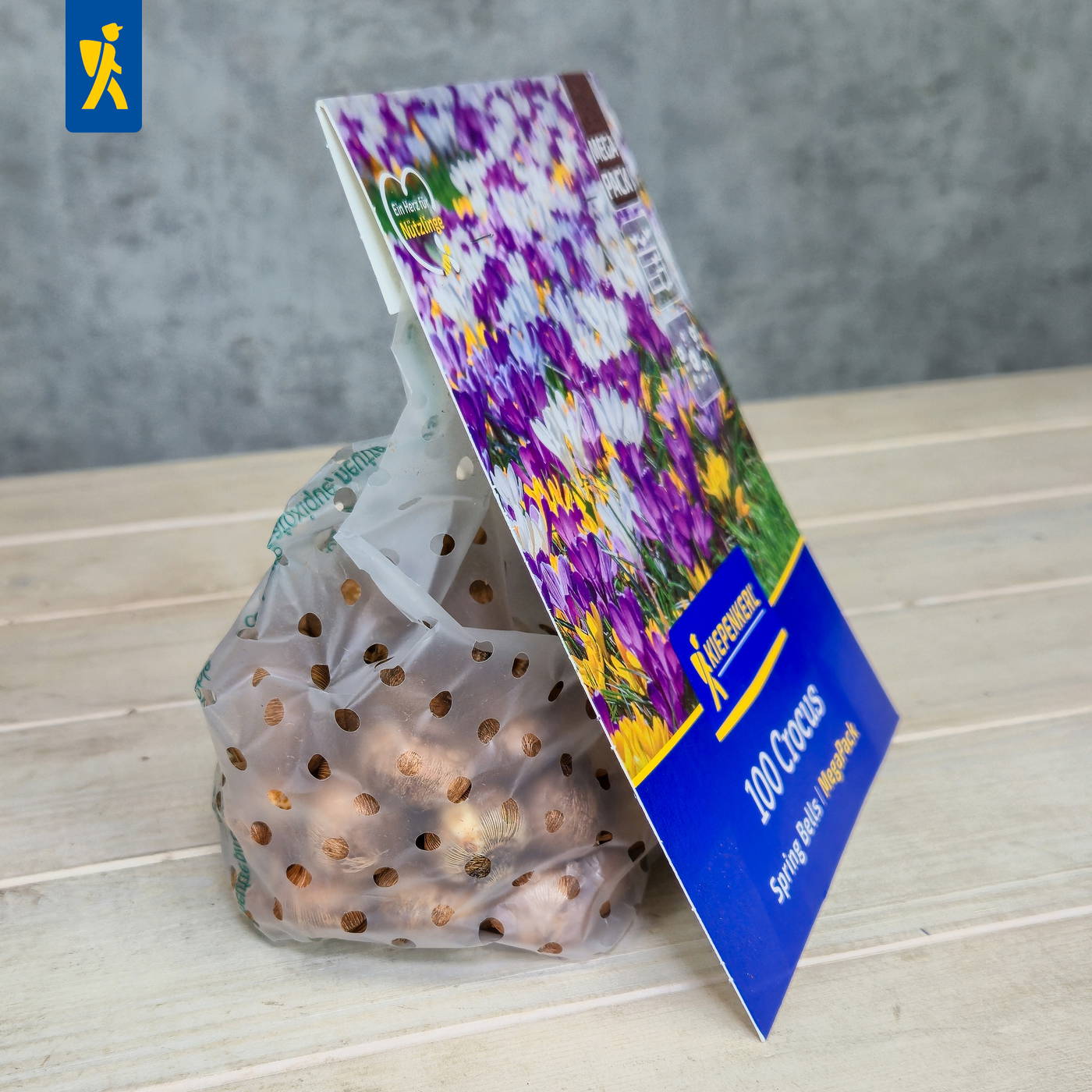 Pappbecher mit Lochmuster, Pappkarten mit Blumenmotiv und blauem Label stehen auf Holztisch.