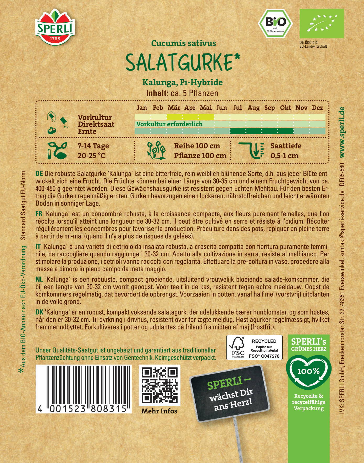 Boden, Text auf Verpackung mit Produktinformationen, Logo, QR-Code, Bar code, Recycling-Symbole, Pflanzensaattiegel.