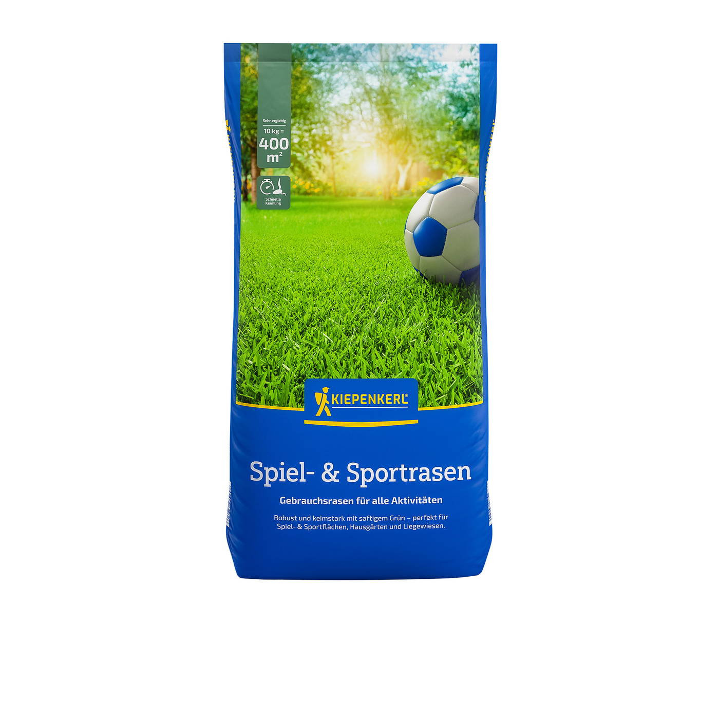 Bagger mit grüner Rasenfläche, Sonnenlicht, Fußball, blaue Verpackung mit Kiepenkerl Logo, Text auf Blau.