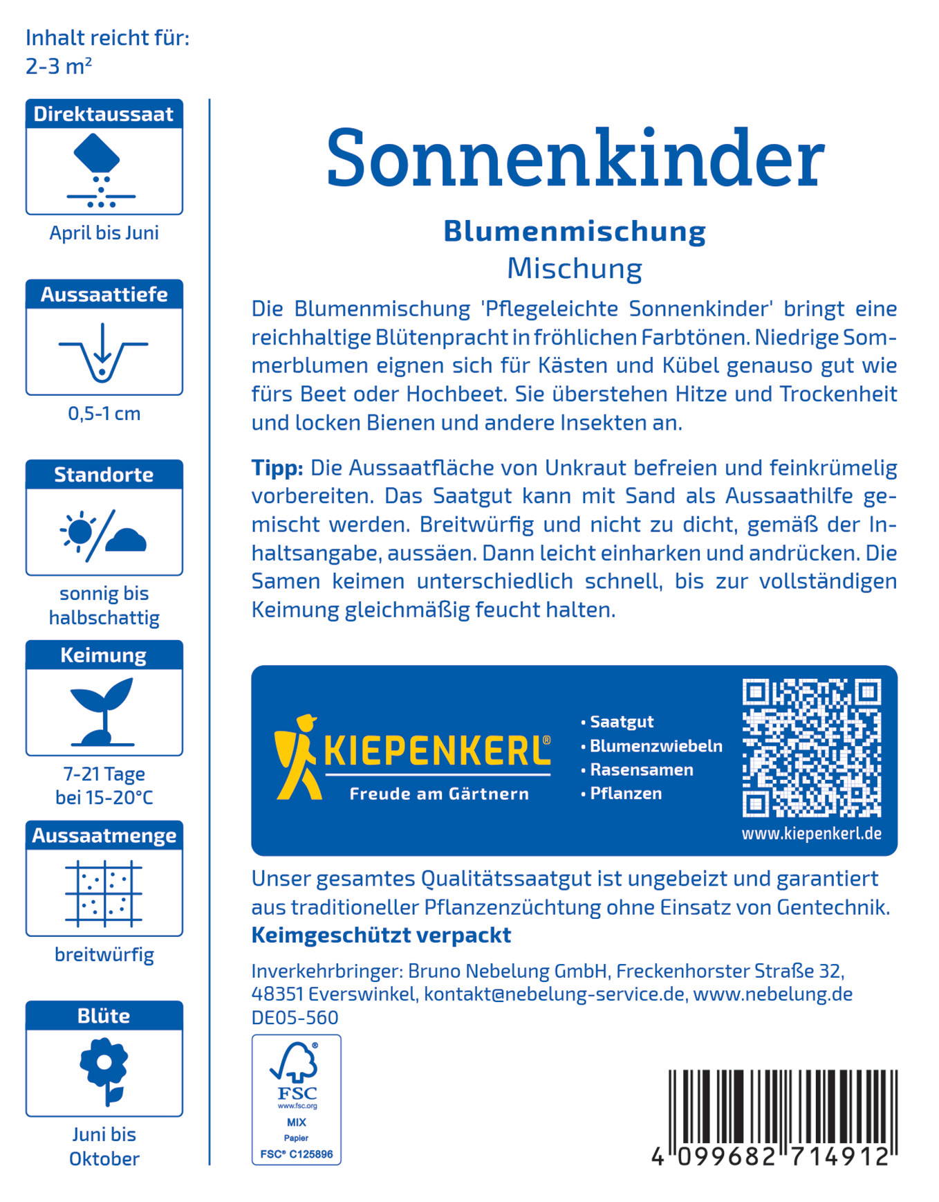 Pflanzenmischung für Sonnenblumen, blühende Samen in bunter Verpackung mit QR-Code und Herstellerangabe.