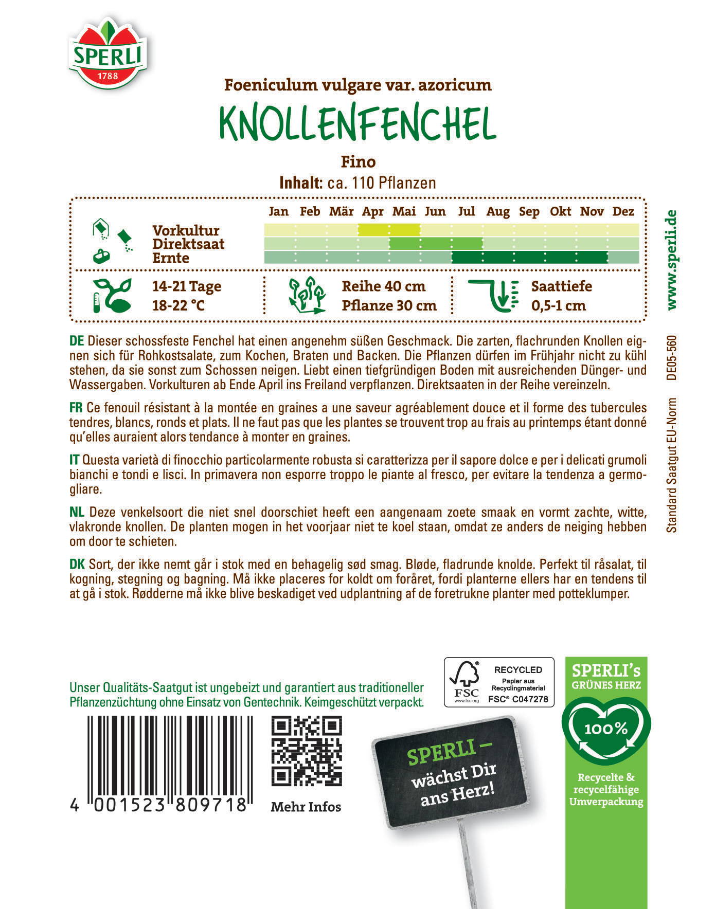 Knollenfenchel in einem Pflanzensamen-Saatgutblatt mit Anbauhinweisen und Wachstumsinformationen.