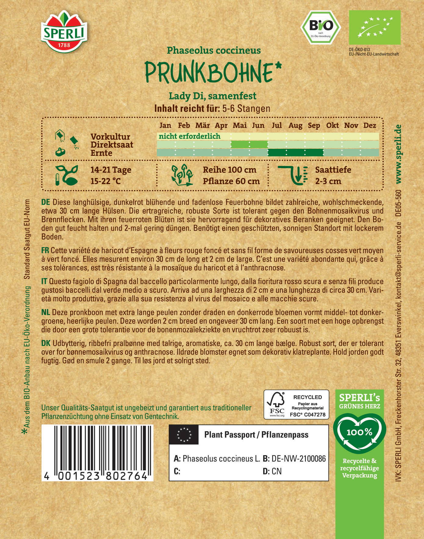 Etiketten mit grünen und roten Elementen, Text in Deutsch, Französisch, Italienisch, Dänisch, Barcode, FSC-Logo, Bio-Siegel.