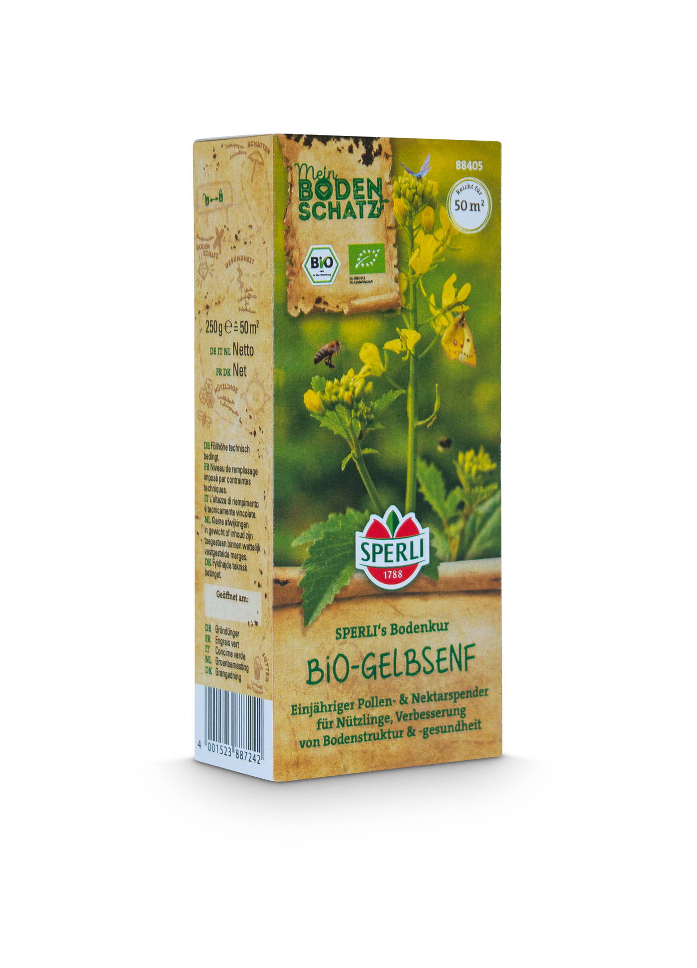 Paket mit gelben Blüten, grünem Blatt und kleinen Insekten, auf rechteckiger Verpackung mit grünem und gelbem Design.