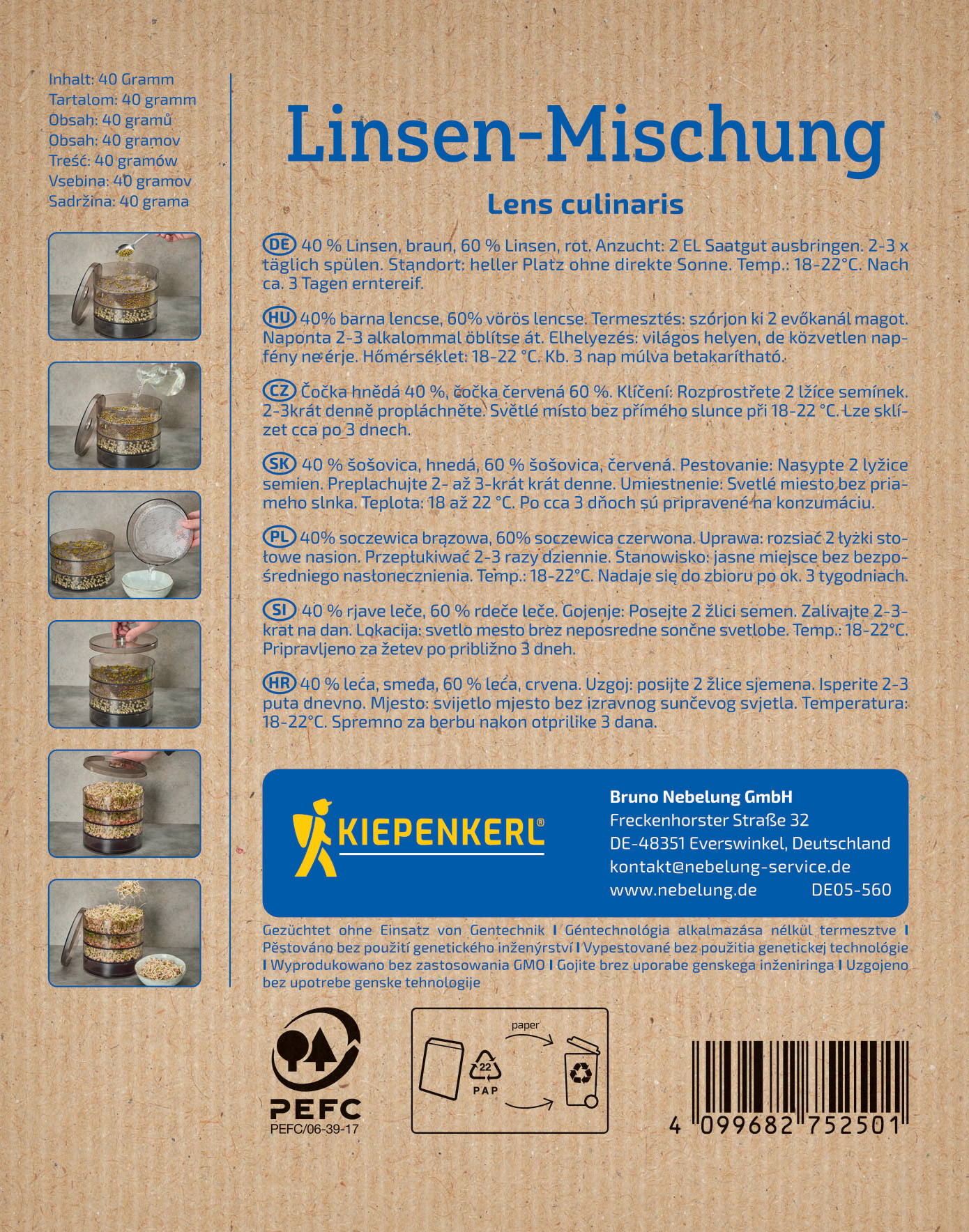 Bunter Hintergrund mit Anleitungen und Bildern zur Herstellung einer Linsenmischung in verschiedenen Sprachen.