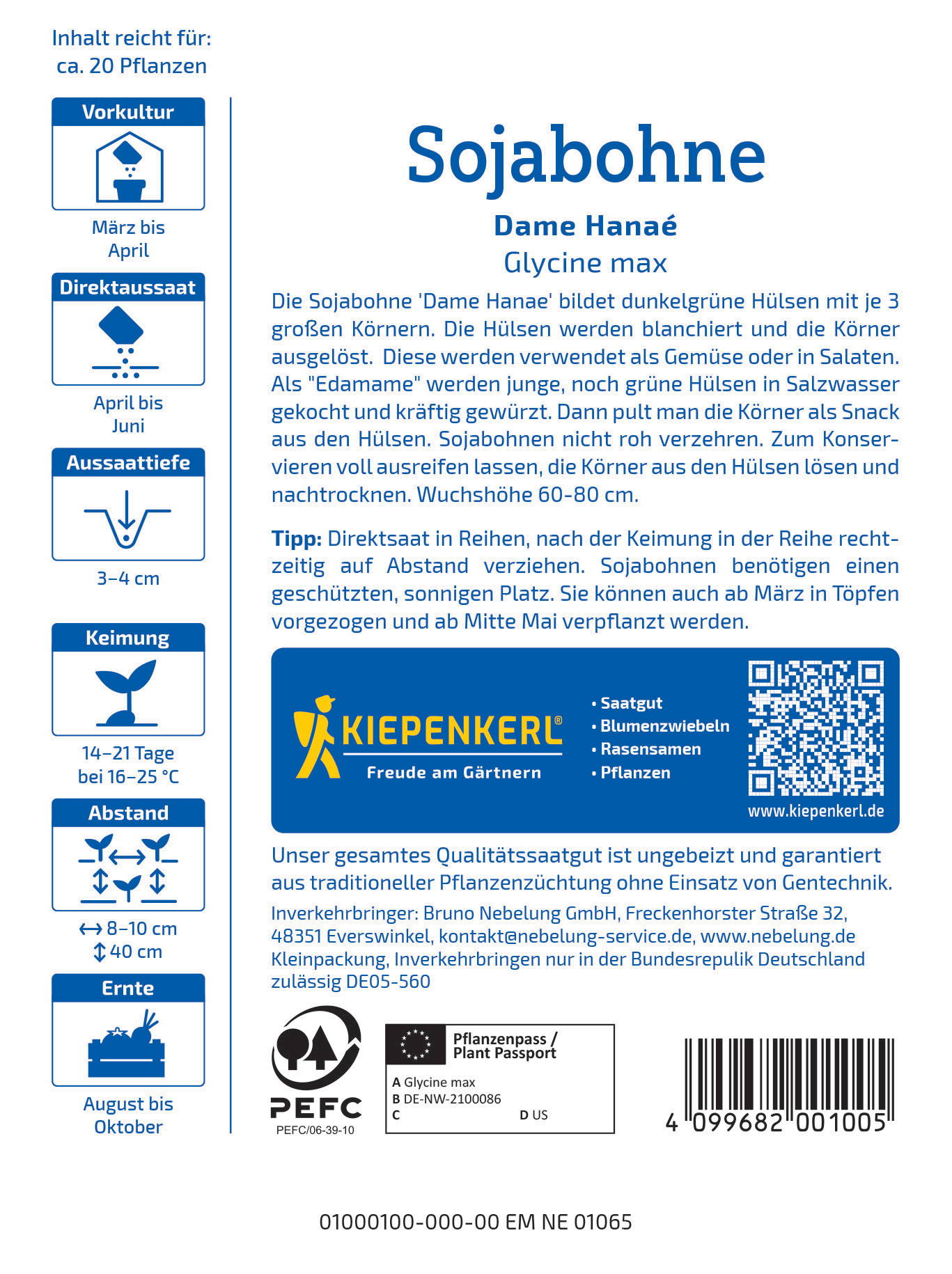 Textblock with information about soybeans, planting tips, and company details, next to icons for cultivation and harvesting.