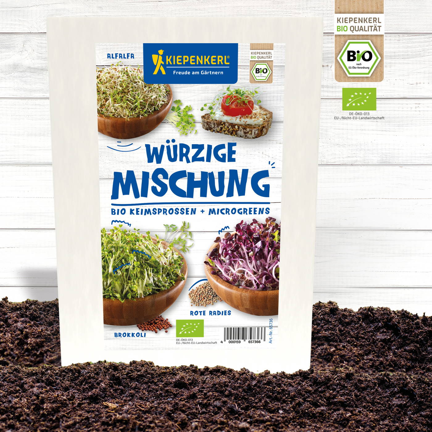 Bio gewürzmischung mit roter Radieschen und Sprossen in Schälchen.