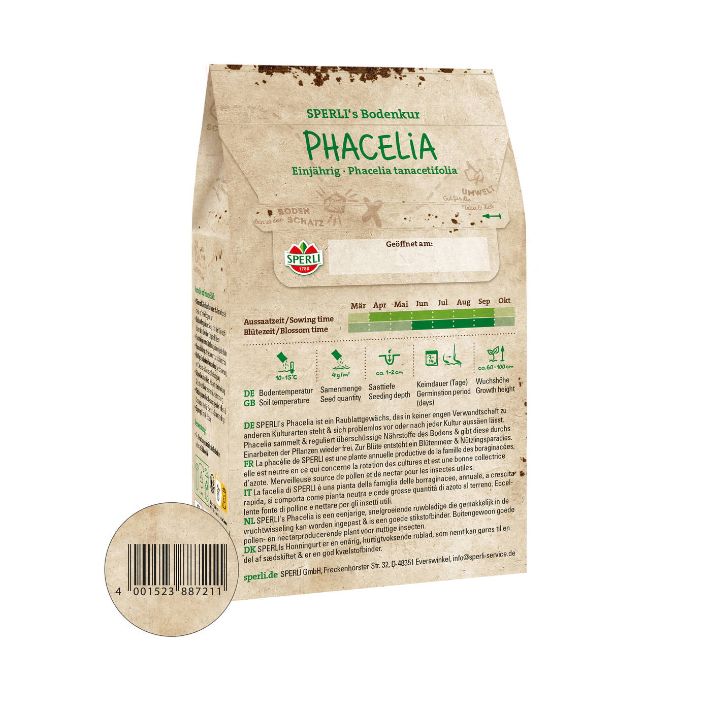 Samentüte für einjährige Phacelia mit grünen Texten, Barcodesymbol und abgebildetem Pflanzenlogo.