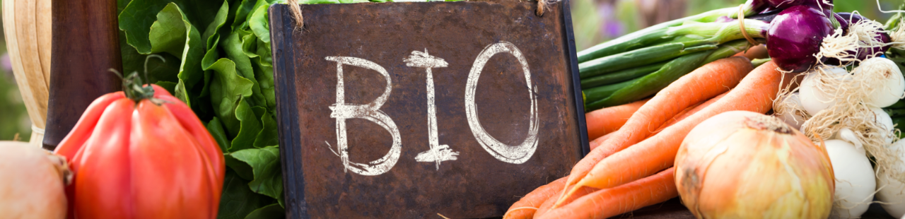 Verschiedene frische Bio-Gemüse mit einem "BIO"-Schild.