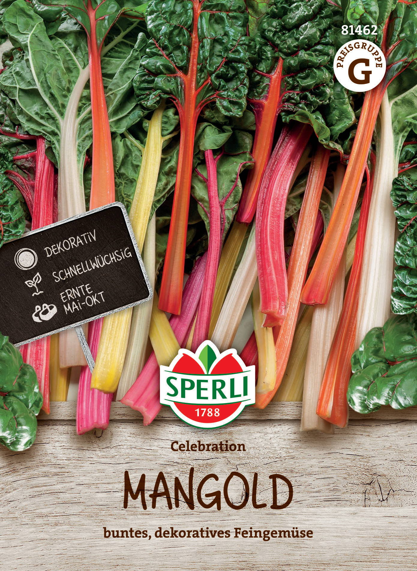 Bunte Mangoldstängel und Blätter liegen auf Holzfigur, schwarzer Kassenbon mit Symbolen, "Sperli" Logo, Text auf Holz.