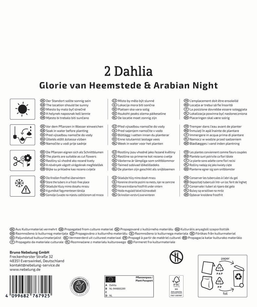 Anleitungstafel mit Pflanzenpflege- und Frostschutzsymbolen auf Deutsch, Englisch, Tschechisch, Slowakisch, Schwedisch, Niederländisch, Französisch, Italienisch, Polnisch, Dänisch.