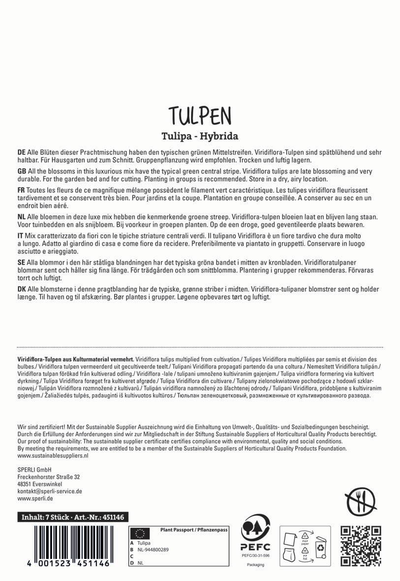 Bild mit Tulpenpackung, grünen Mittelstreifen, mehrsprachige Beschreibung und Barcode.