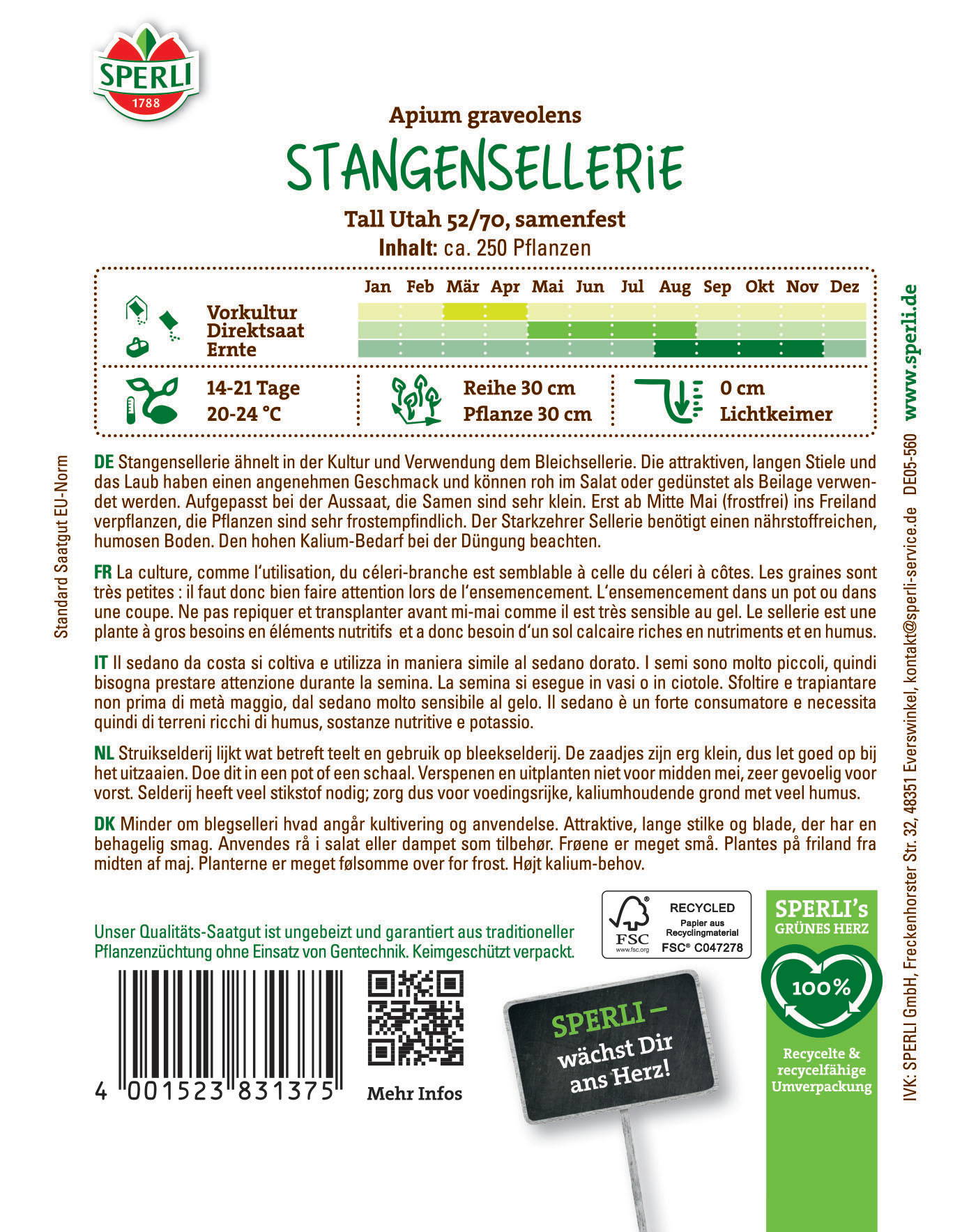 Pflanze mit langen, dünnen Stielen, kleine Samen, Anzuchtinformationen in mehreren Sprachen, Barcode und QR-Code.