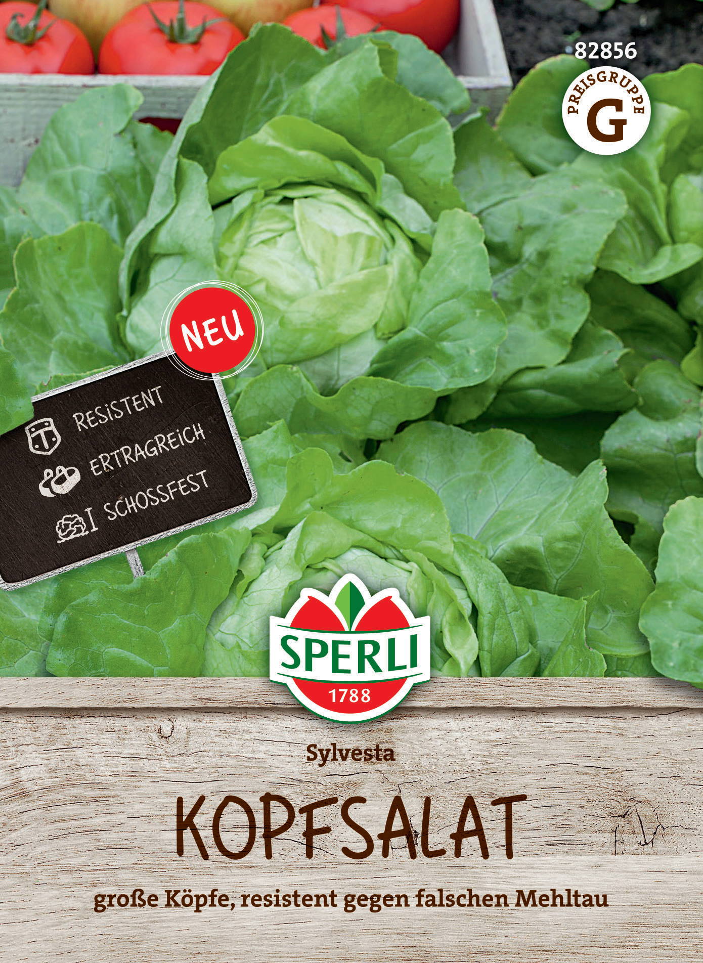 Grüner Kopfsalat mit großen Köpfen auf Holzuntergrund, Produktname und Logo im Vordergrund.