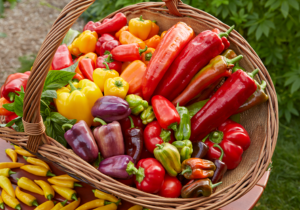 Bunte Paprika, grüne Chili, rote Chili, Aubergine, Zucchini, Jalapeños, frisches Gemüse in Korb.
