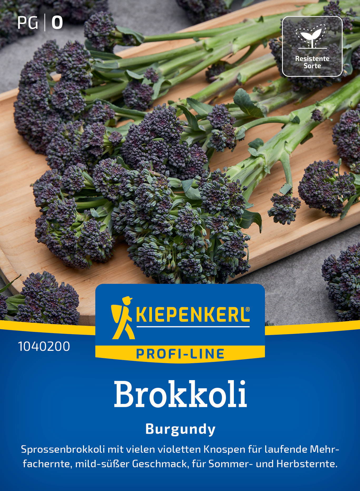 Bunte Sprosse-Brokkoli mit vielen violetten Knospen auf Holzbrett, Verpackung mit Kiepenkerl Logo und Text.