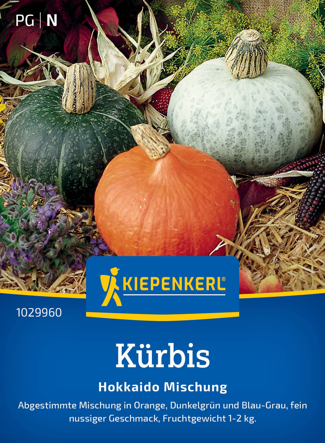 Drei unterschiedliche Kürbisse in Orange, Grün und Grau auf Stroh mit Blumen und Herbstdekoration.