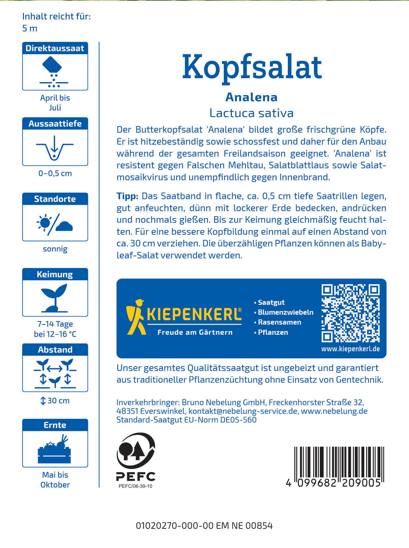 Boden- und Saatgutinformationen, Logo, QR-Code, Kontaktadresse, Barcodes, Pflanzentipps in Textform.