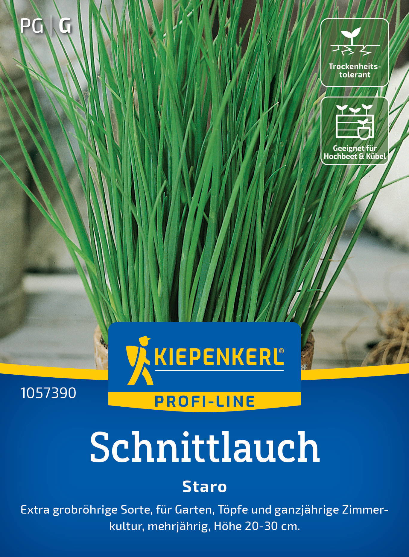 Grüne Schneiddaur auf einem Topf, Verpackung mit blauer und gelber Marke, Text und Symbolhinweise auf Oberseite.