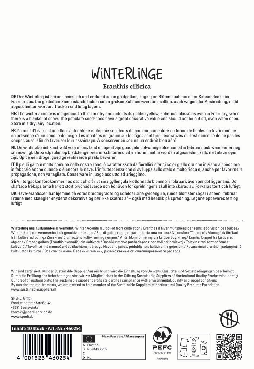 Winterling auf einer Seite mit Text auf mehreren Sprachen, unter anderem Deutsch, Englisch, Französisch, Niederländisch, Italienisch und Dänisch.