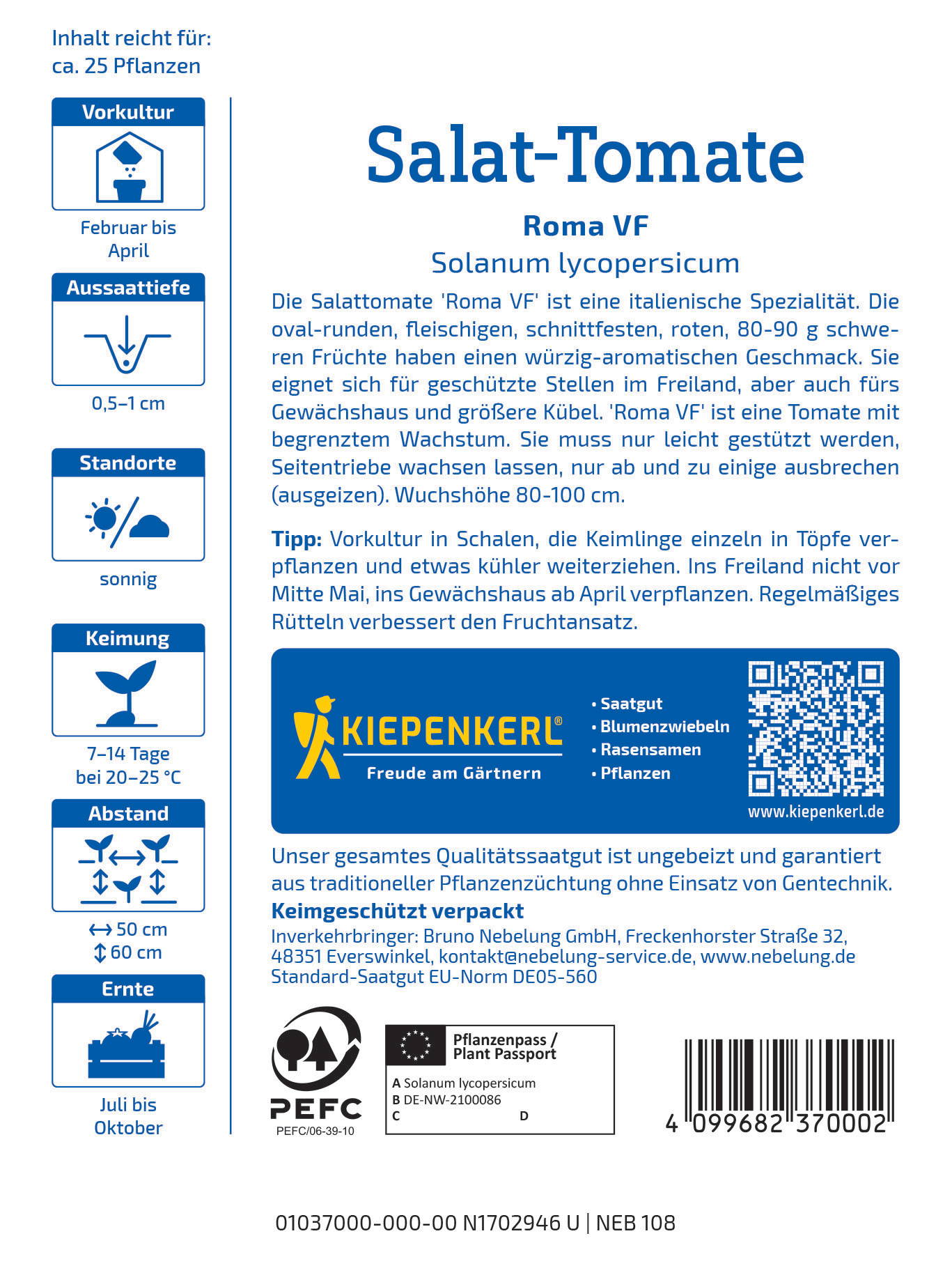 Packungsaufkleber mit Text, QR-Code, Logos und Symbolen für Salat-Tomate, Keimdauer, Standort, Erntezeit, Packungsschutz.