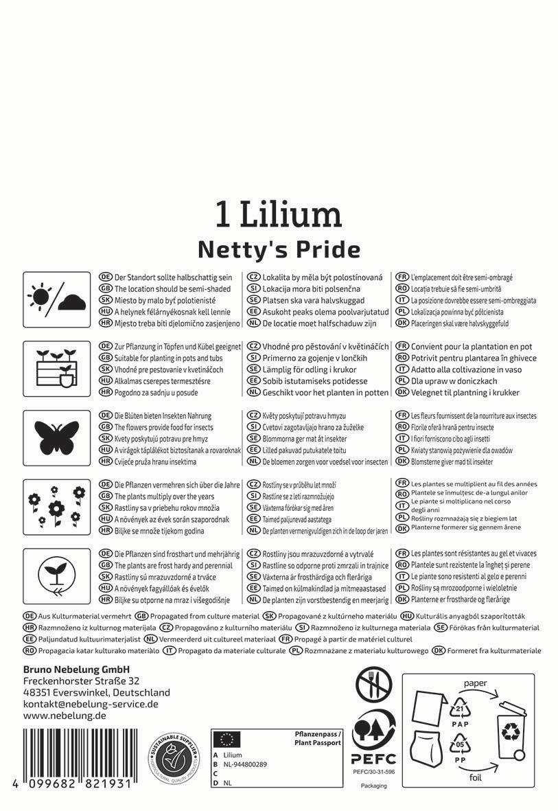 Verschiedene Pflanzanweisungen, Pflegehinweise, Namensliste in mehreren Sprachen, Barcode, Produktinformationen, Logos.