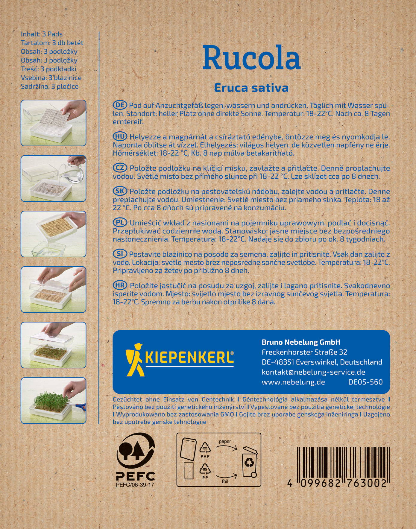 Anleitung mit Bildern zum Anbau von Rucola auf verschiedenen Unterlagen, Text in mehreren Sprachen, blaouer Kiepenkerl-Logo.