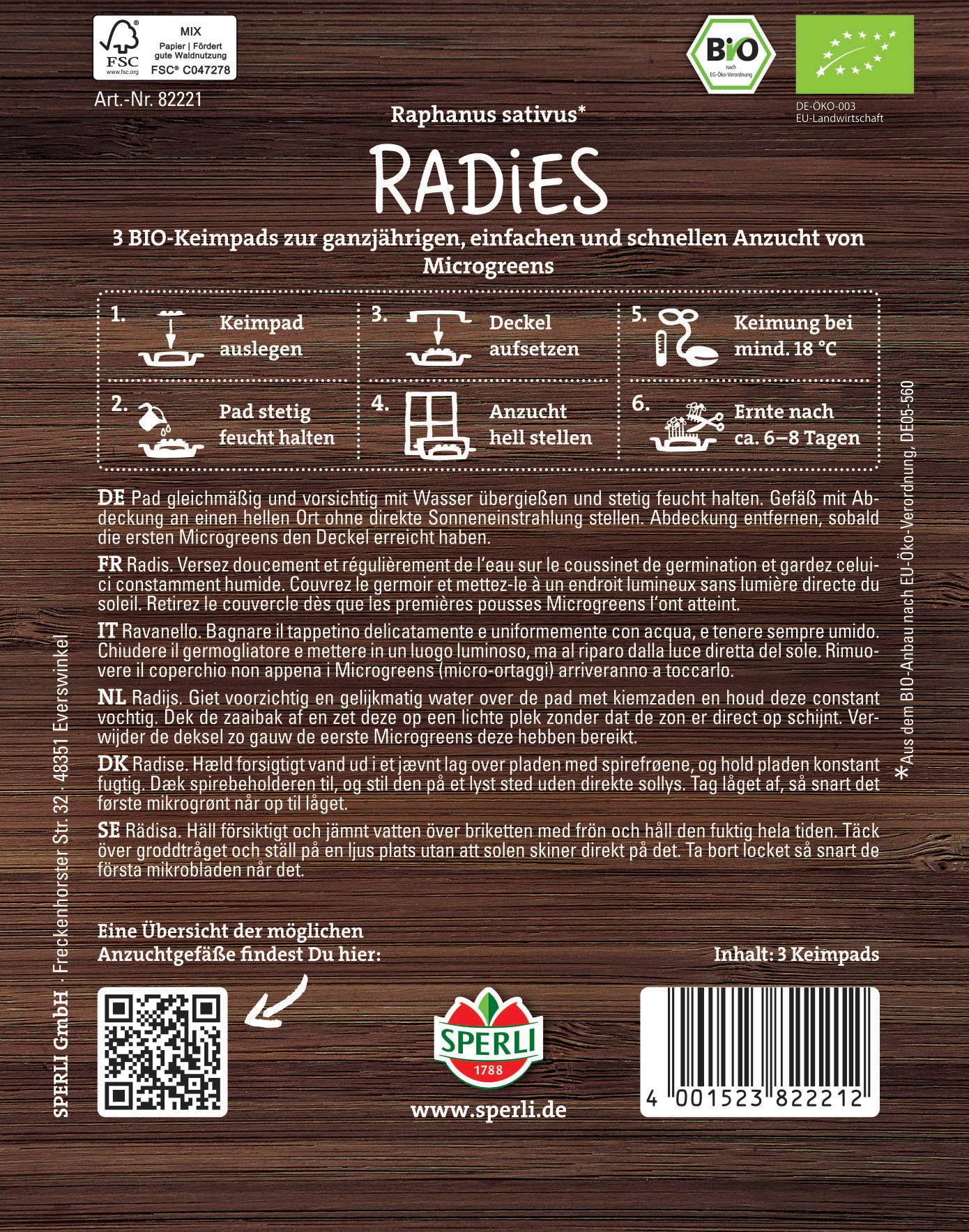 Paket mit sechs braunen Stickern mit Anleitungs- und Warnhinweisen, QR-Code, Bar code, Logo, Webadresse, Text.