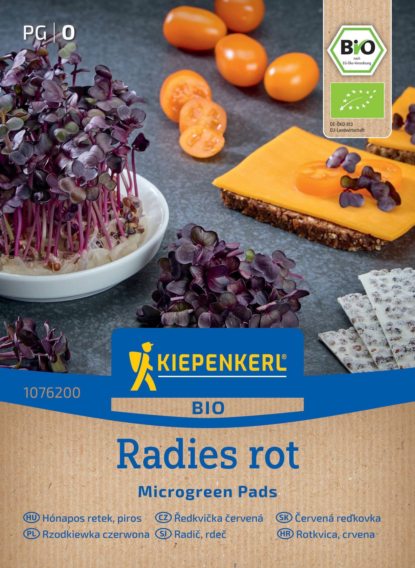 Verschiedene Kresse, Radieschen, Käse, Getreidecracker, Cherry Tomatoes, Brote, eingeweckte Kresse auf grauem Hintergrund