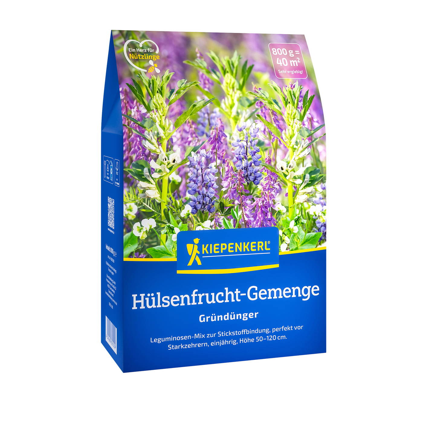 Blumen im Zusammenhang mit Hülsenfrüchten auf blauer Verpackung für Kiepenkerl Hülsenfrucht-Gemenge.