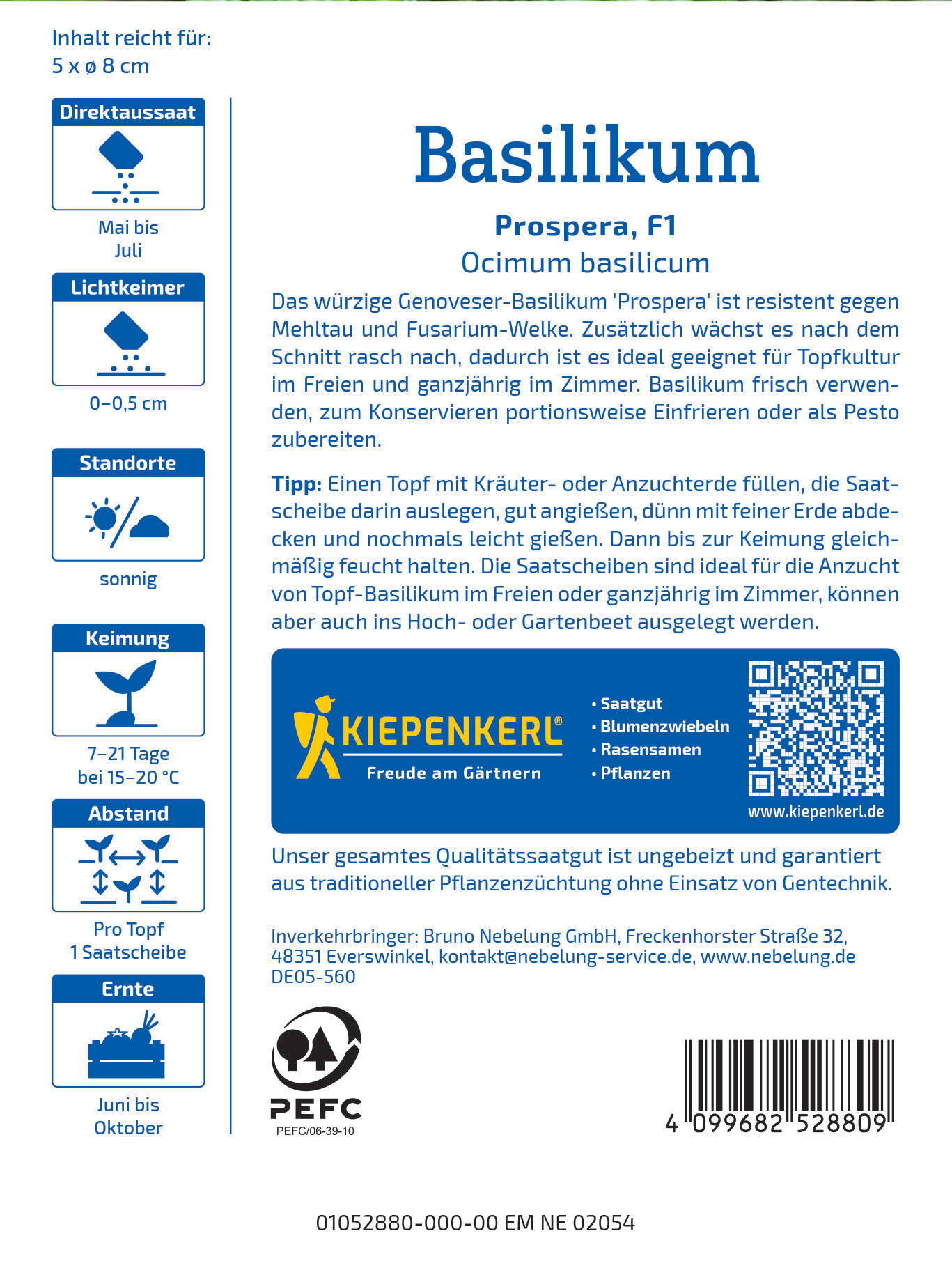 Vorne: Kiepenkerl Logo, Name, Symbole für Samen, Zwiebeln, Rasen, Pflanzen, QR-Code.