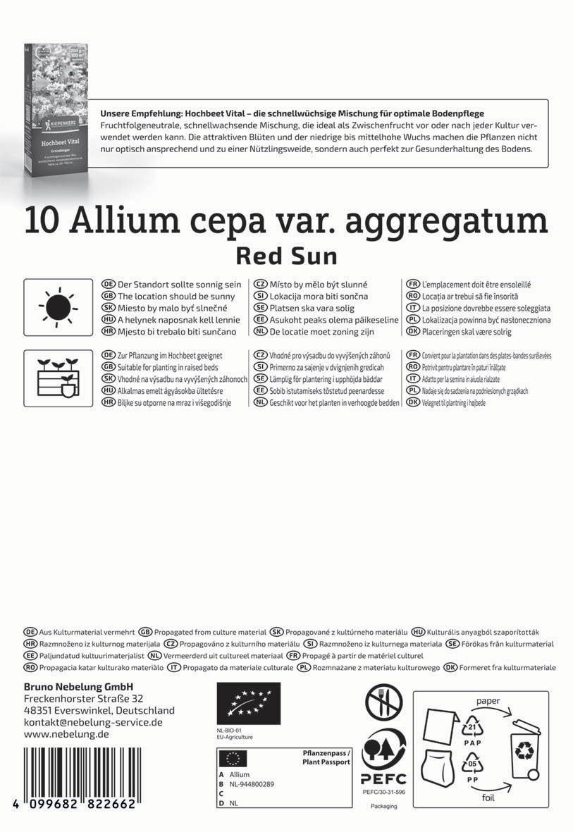 Packungsbeilage mit Pflanzenpass, Produktbeschreibung, Symbolen, Kontaktinformationen und Herkunft.