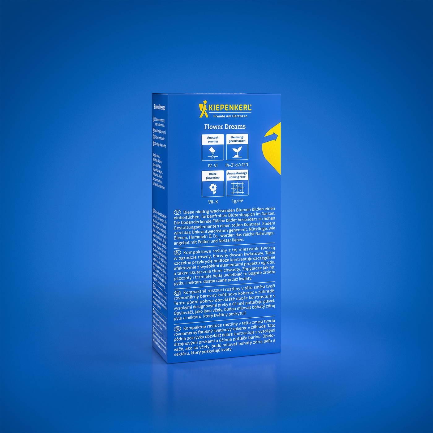 Blaue Verpackung mit gelben Schriftzug, Symbolen und Text im deutschen, polnischen und tschechischen Sprachraum.