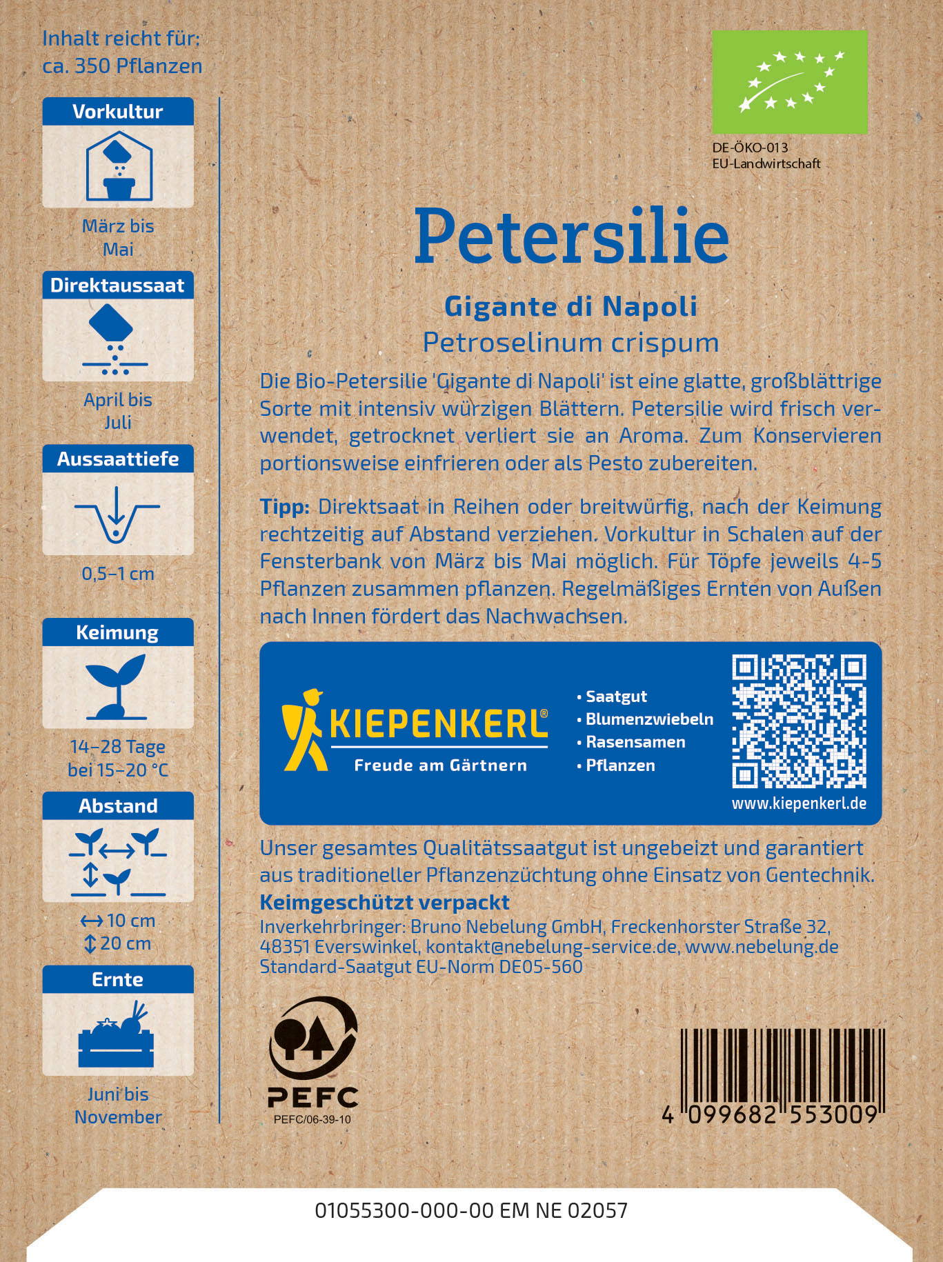 Text auf braunem Hintergrund mit grüner und blauer Gestaltung, enthält Pflanzeninformationen, QR-Code und Barcode.