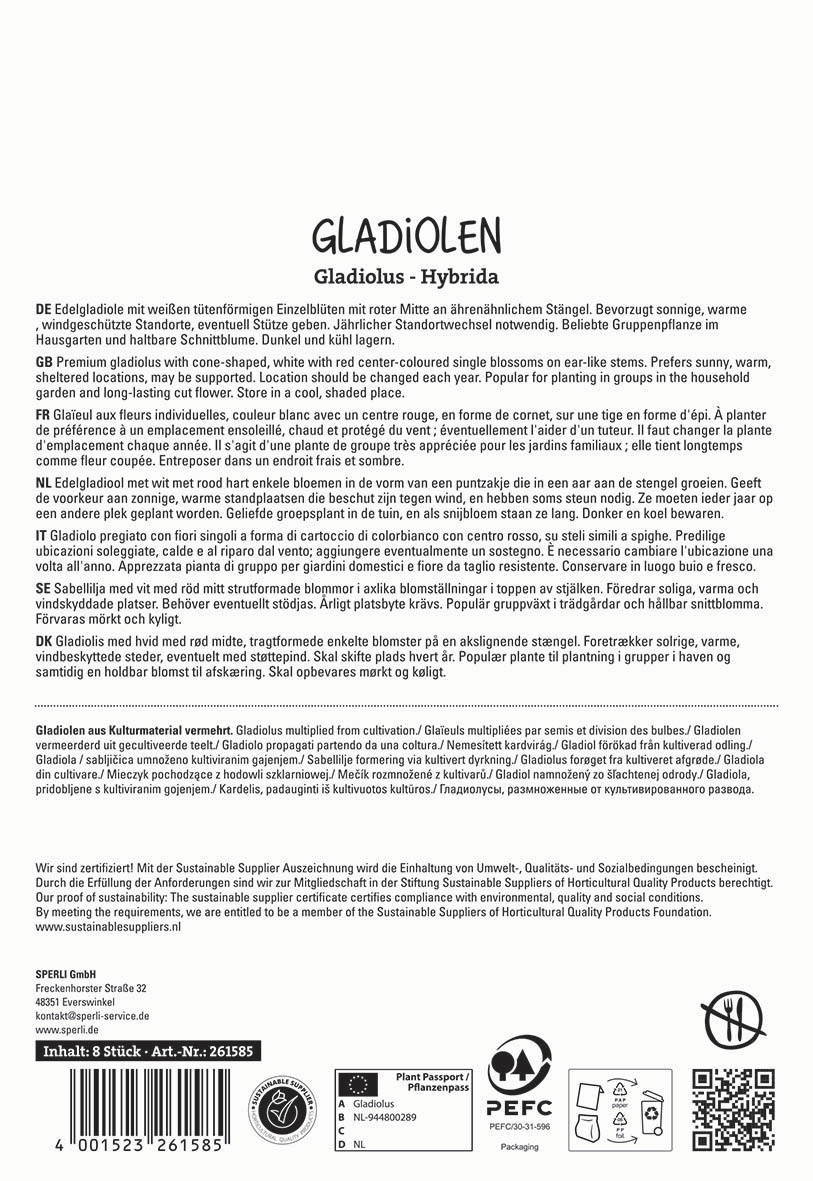 Beschreibung der Verpackungsrückseite mit Textinformationen zu Gladiolen in mehreren Sprachen, Barcodes und Zertifizierungen.