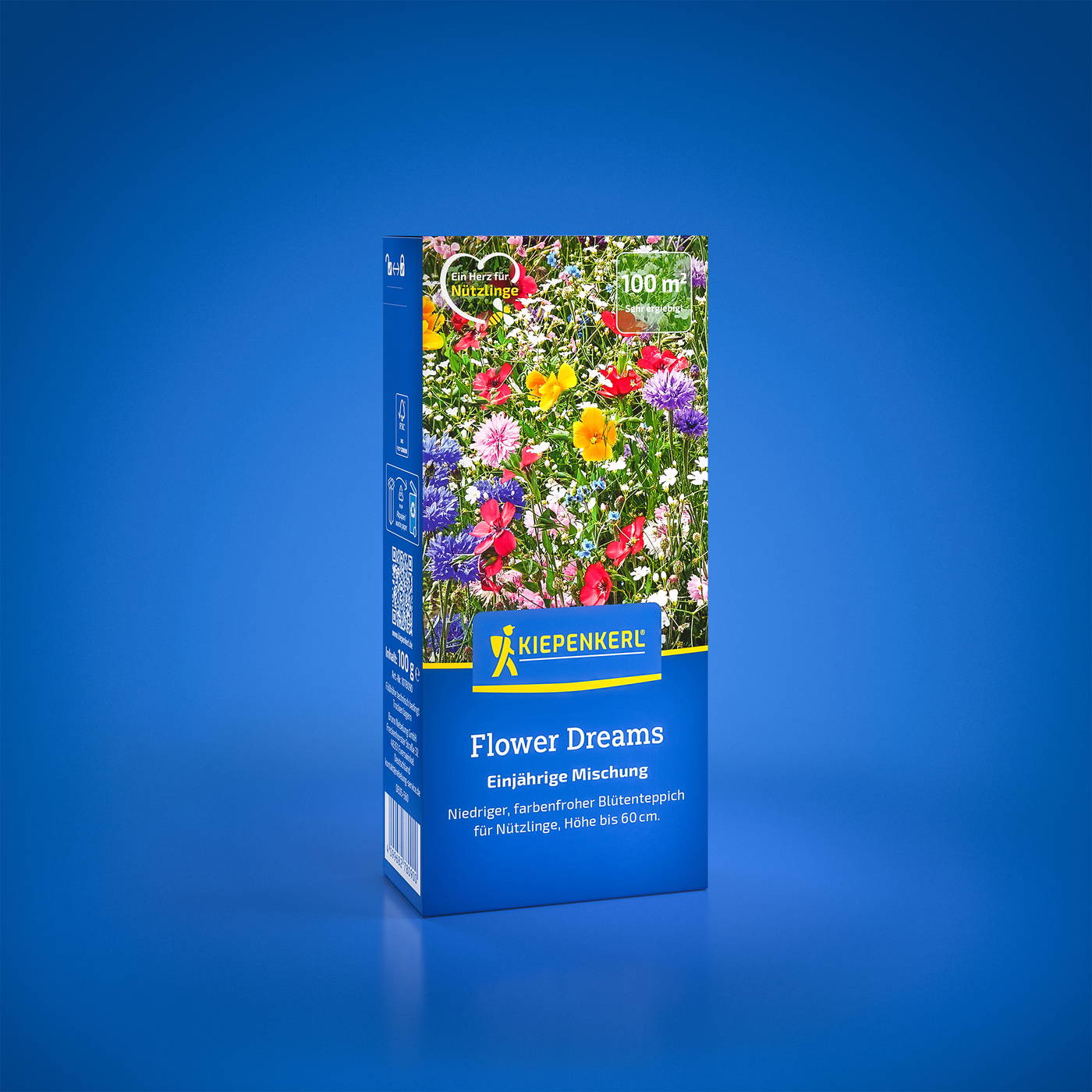 Bunte Blumenmischung auf blauer Verpackung mit Kiepenkerl-Logo vor blauem Hintergrund.