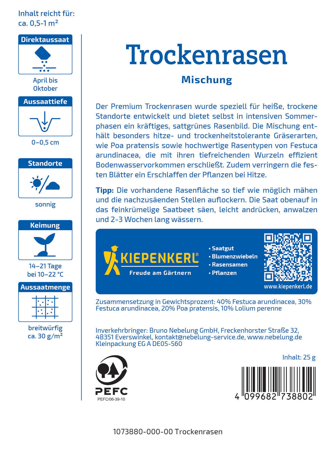 Paket mit trockenem Rasensamen, Kiepenkerl, blaue Schrift, QR-Code, enthält Text, Logo, Barcodes und Symbole.