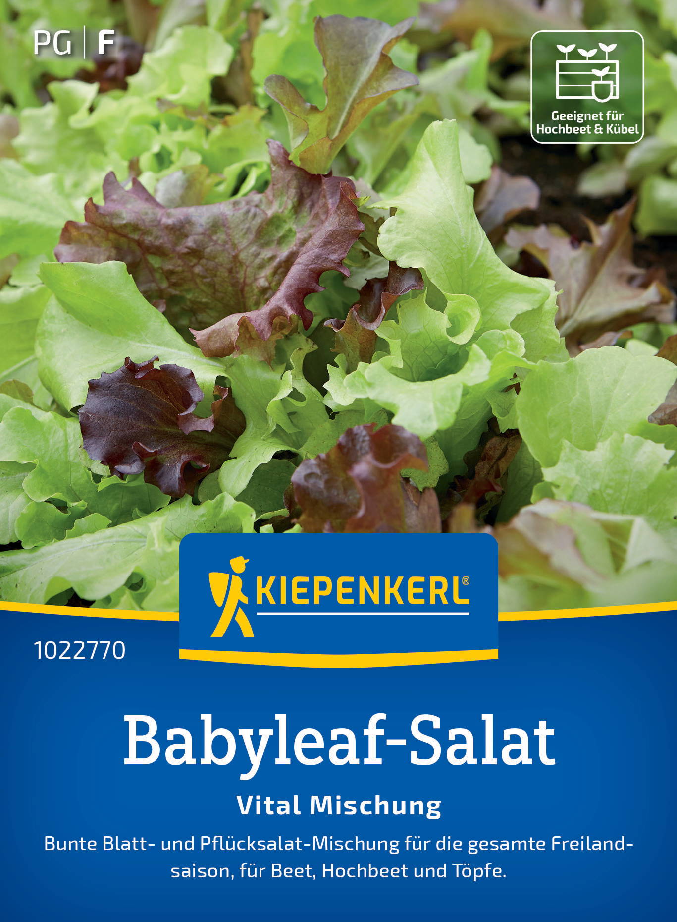 Bunte Babyleaf-Salatmischung mit grün und rot gefärbtem Salat auf Verpackung.